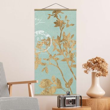 Tableau en tissu avec porte-affiche - Golden Leaves On Turquoise II