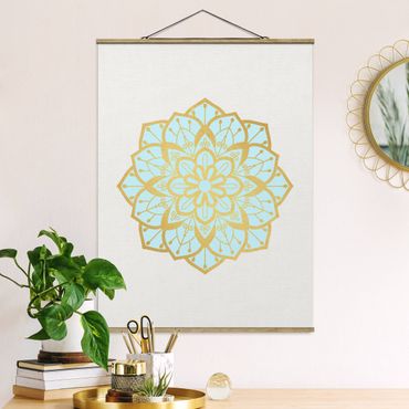 Tableau en tissu avec porte-affiche - Mandala Illustration Flower Light Blue Gold