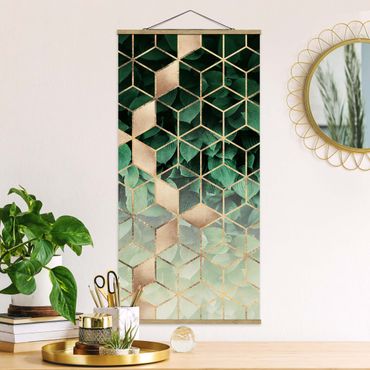 Tableau en tissu avec porte-affiche - Green Leaves Golden Geometry