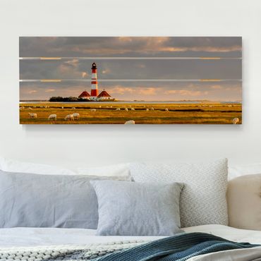 Impression sur bois - North Sea Lighthouse With Flock Of Sheep