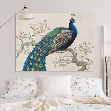 Impression sur toile - Vintage Peacock With Cherry Blossoms