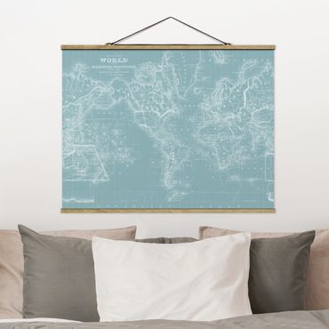 Tableau en tissu avec porte-affiche - World Map In Ice Blue