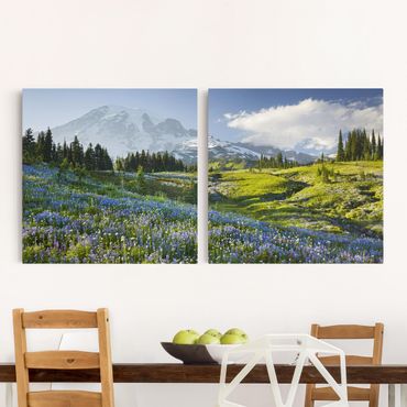 Impression sur toile 2 parties - Mountain Meadow With Flowers In Front Of Mt. Rainier