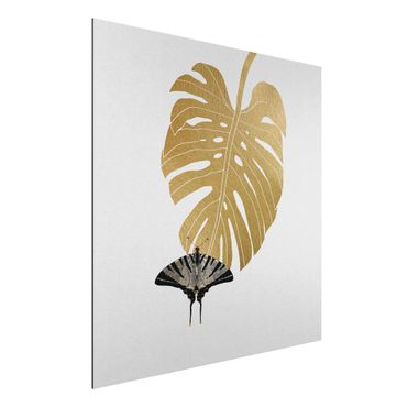 Tableau sur aluminium - Golden Monstera With Butterfly