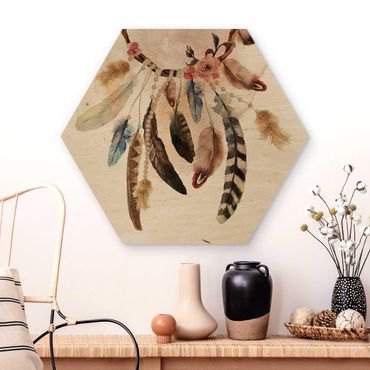 Hexagone en bois - Dream Catcher With Roses And Feathers