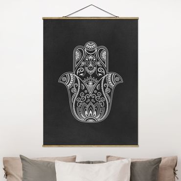 Tableau en tissu avec porte-affiche - Mandala Hamsa Hand Lotus Set On Black