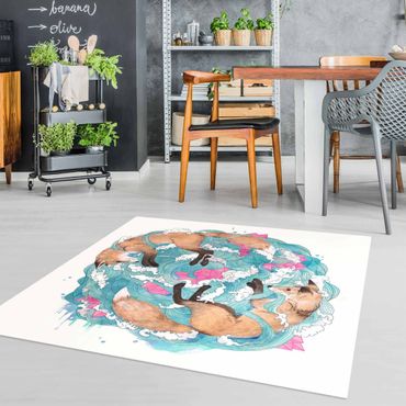 Vinyl Floor Mat - Laura Graves - Illustration Foxes And Waves Painting - Square Format 1:1