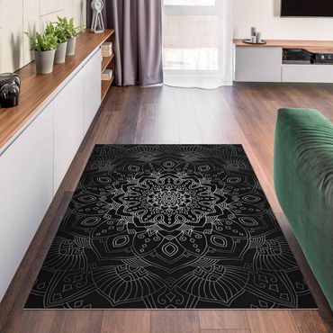 Vinyl Floor Mat - Mandala Flower Pattern Silver Black - Landscape Format 3:2