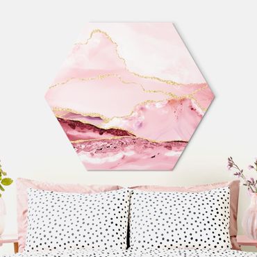 Hexagone en alu Dibond - Abstract Mountains Pink With Golden Lines
