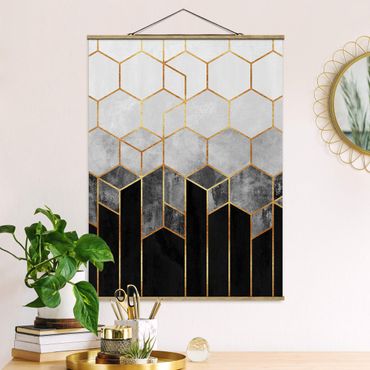Tableau en tissu avec porte-affiche - Golden Hexagons Black And White