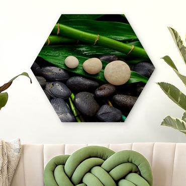 Hexagon Picture Wood - Green Bamboo With Zen Stones
