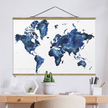 Tableau en tissu avec porte-affiche - Water World Map Light