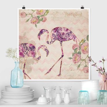 Poster - Vintage Collage - Pink Flowers Flamingos