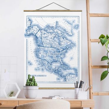 Tableau en tissu avec porte-affiche - Map In Blue Tones - North America