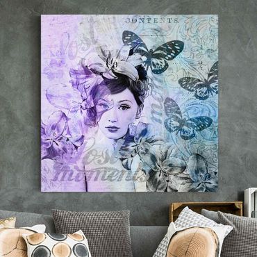Impression sur toile - Shabby Chic Collage - Portrait With Butterflies
