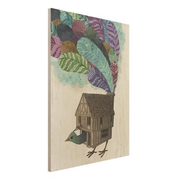 Impression sur bois - Illustration Birdhouse With Feathers