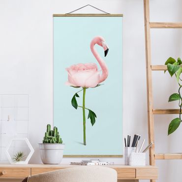 Tableau en tissu avec porte-affiche - Flamingo With Rose