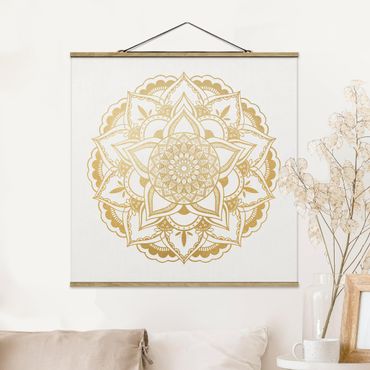Tableau en tissu avec porte-affiche - Mandala Flower Gold White