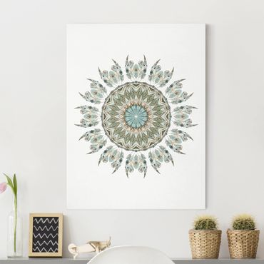 Impression sur toile - Mandala WaterColours Feathers Hand Painted Blue Green