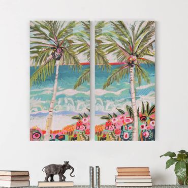 Impression sur toile - Palm Tree With Pink Flowers Set I