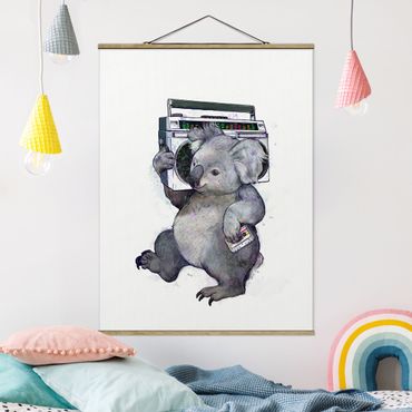 Tableau en tissu avec porte-affiche - Illustration Koala With Radio Painting