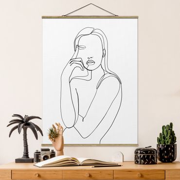 Tableau en tissu avec porte-affiche - Line Art Pensive Woman Black And White