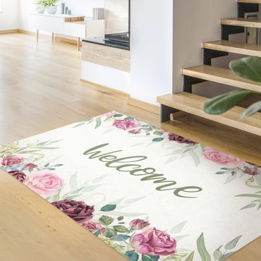 Vinyl Floor Mat - Welcome Floral Watercolours - Landscape Format 3:2