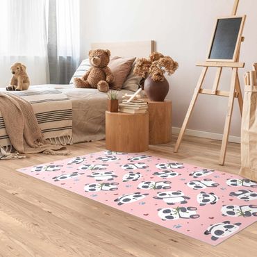 Vinyl Floor Mat - Cute Panda With Paw Prints And Hearts Pastel Pink - Portrait Format 1:2