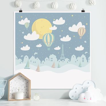 Poster - Paris With Stars And Hot Air Balloon