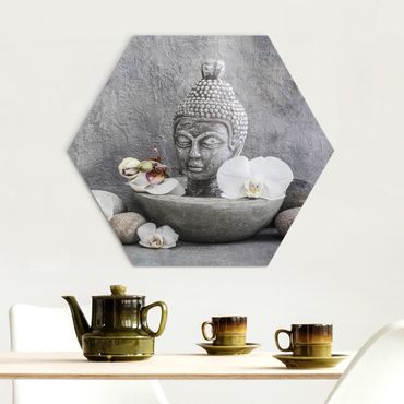 Hexagone en alu Dibond - Zen Buddha, Orchid And Stone