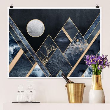 Poster - Golden Moon Abstract Black Mountains