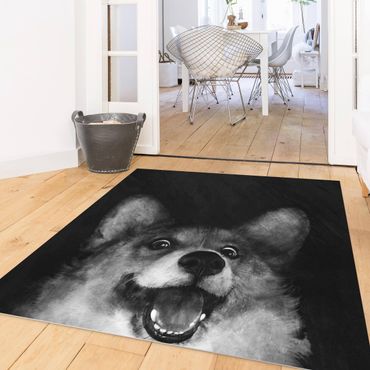Vinyl Floor Mat - Laura Graves - Illustration Dog Corgi Paintig Black And White - Square Format 1:1
