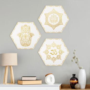 Hexagone en alu Dibond - Hamsa Hand Lotus OM Illustration Set Gold
