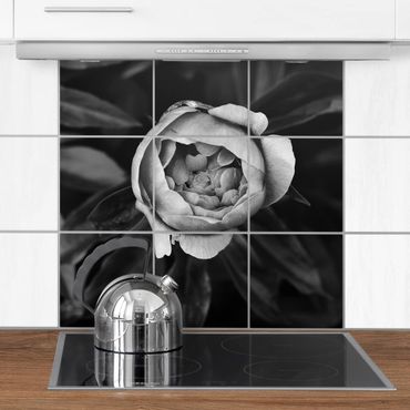 Sticker pour carrelage avec image - Peonies In Front Of Leaves Black And White