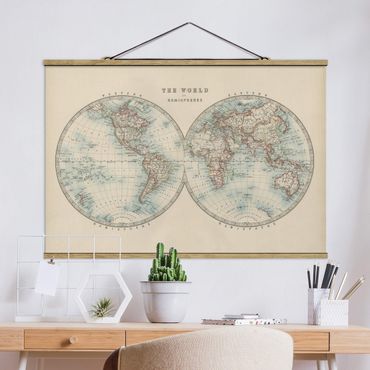 Tableau en tissu avec porte-affiche - Vintage World Map The Two Hemispheres