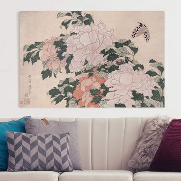 Impression sur toile - Katsushika Hokusai - Pink Peonies With Butterfly