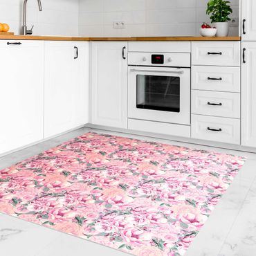 Vinyl Floor Mat - Pink Flower Dream Pastel Roses In Watercolour  - Square Format 1:1