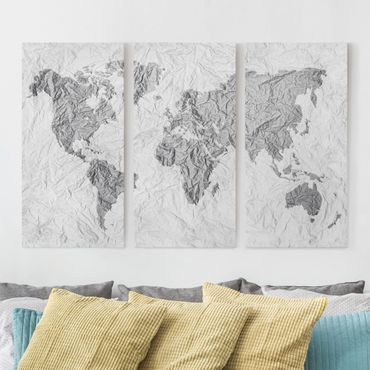 Impression sur toile 3 parties - Paper World Map White Grey