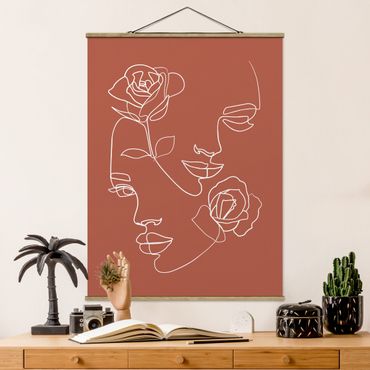 Tableau en tissu avec porte-affiche - Line Art Faces Women Roses Copper