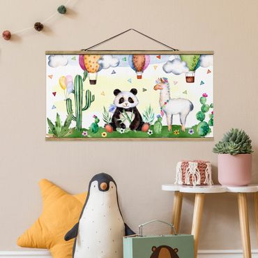 Tableau en tissu avec porte-affiche - Panda And Lama Watercolour