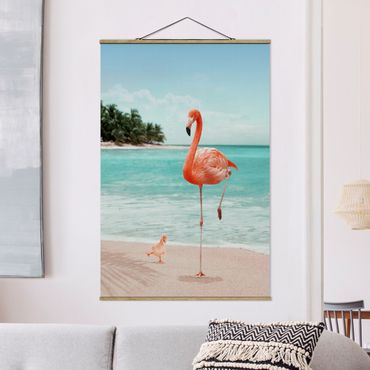 Tableau en tissu avec porte-affiche - Beach With Flamingo