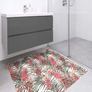 Vinyl Floor Mat - Red Pineapple With Palm Leaves Tropical - Square Format 1:1