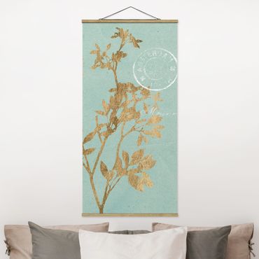 Tableau en tissu avec porte-affiche - Golden Leaves On Turquoise I