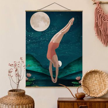 Tableau en tissu avec porte-affiche - Illustration Bather Woman Moon Painting