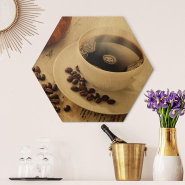 Hexagone en alu Dibond - Steaming coffee cup with coffee beans