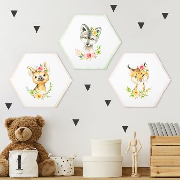Hexagone en alu Dibond - Watercolour Forest Animals With Flowers Set II