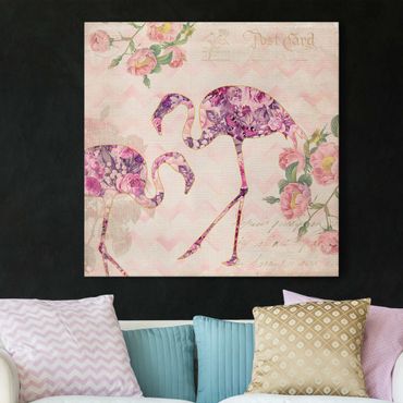Impression sur toile - Vintage Collage - Pink Flowers Flamingos