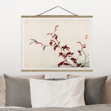 Tableau en tissu avec porte-affiche - Asian Vintage Drawing Red Branch With Dragonfly