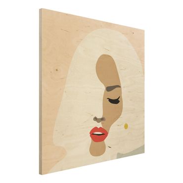 Impression sur bois - Line Art Portrait Woman Pastel Beige