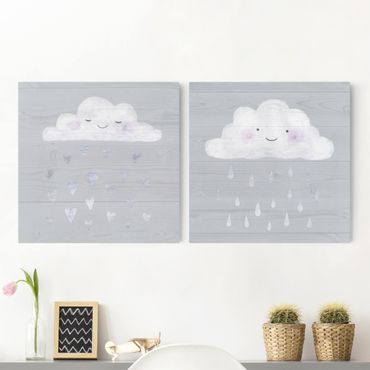 Impression sur toile - Clouds With Silver Hearts And Drops Set I